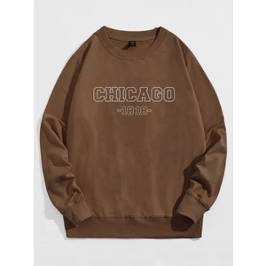 Unisex Kahverengi Chicago Baskılı Bisiklet Yaka Oversize Sweatshirt