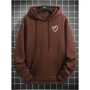 Unisex Kahverengi Kalp Baskılı Oversize Kapşonlu Sweatshirt