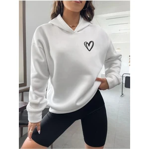 Unisex Beyaz Kalp Baskılı Oversize Kapşonlu Sweatshirt