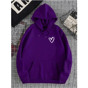 Unisex Mor Kalp Baskılı Oversize Kapşonlu Sweatshirt