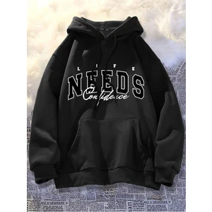 Unisex Siyah Needs Baskılı Kapşonlu Oversize Sweatshirt