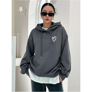 Unisex Füme Kalp Baskılı Oversize Kapşonlu Sweatshirt