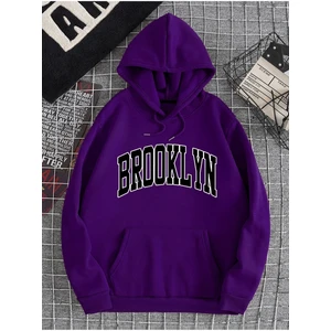 Unisex Mor Brooklyn Baskılı Kapüşonlu Sweatshirt