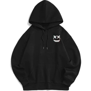 Unisex Siyah Gülücük Baskılı Oversize Kapşonlu Sweatshirt