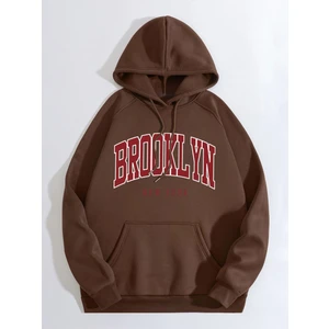 Unisex Kahverengi Brooklyn Baskılı Kapüşonlu Sweatshirt