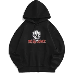 Unisex Siyah Kurukafa Baskılı Oversize Kapşonlu Sweatshirt