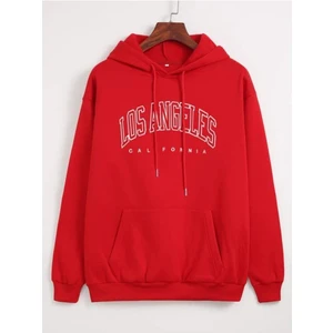 Unisex Kırmızı Los Angeles Baskılı Oversize Kapşonlu Sweatshirt