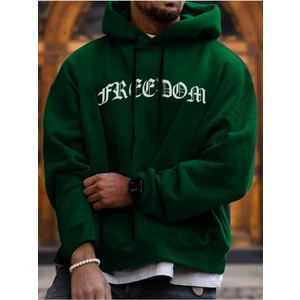 Unisex Yeşil Freedom Baskılı Oversize Kapüşonlu Sweatshirt