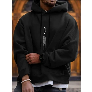 Unisex Siyah Göğüs Dikey Baskılı Kapşonlu Oversize Sweatshirt