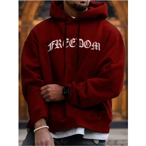 Unisex Kırmızı Freedom Baskılı Oversize Kapüşonlu Sweatshirt