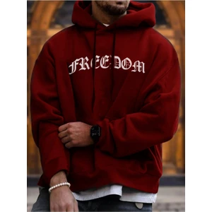 Unisex Kırmızı Freedom Baskılı Oversize Kapüşonlu Sweatshirt