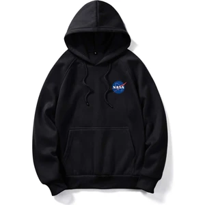 Unisex Siyah Nasa Baskılı Oversize Kapşonlu Sweatshirt