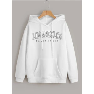 Unisex Beyaz Los Angeles Baskılı Oversize Kapşonlu Sweatshirt 