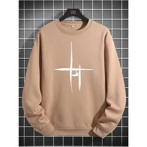 Unisex Bej Çizgi Baskı Bisikletyaka Sweatshirt