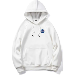 Unisex Beyaz Nasa Baskılı Oversize Kapşonlu Sweatshirt