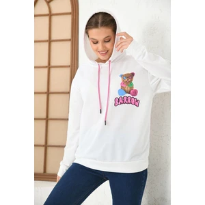 Unisex Beyaz Barrow Baskılı Oversize Kapşonlu Sweatshirt