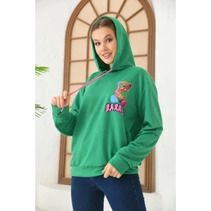 Unisex Yeşil Barrow Baskılı Oversize Kapşonlu Sweatshirt