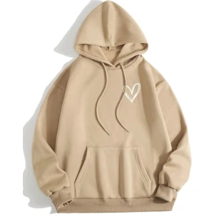 Unisex Bej Kalp Baskılı Oversize Kapşonlu Sweatshirt