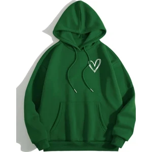 Unisex Yeşil Kalp Baskılı Oversize Kapşonlu Sweatshirt
