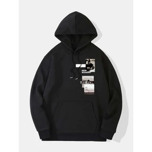 Unisex Siyah New Moment Baskılı Oversize Kapşonlu Sweatshirt 