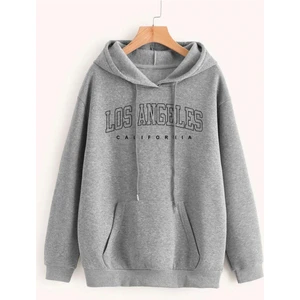 Unisex Gri Los Angeles Baskılı Oversize Kapşonlu Sweatshirt 