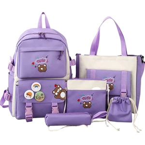 5 Adet Kawaii Sırt Çantası Seti, Ayı Kolye ve Rozetli Tuval Okul Çantası, Omuz Tote Çanta Rahat Sırt Çantası (Yurt Dışından)
