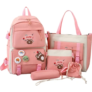 5 Adet Kawaii Sırt Çantası Seti, Ayı Kolye ve Rozetli Tuval Okul Çantası, Omuz Tote Çanta Rahat Sırt Çantası (Yurt Dışından)