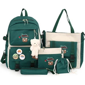 5 Adet Kawaii Sırt Çantası Seti, Ayı Kolye ve Rozetli Tuval Okul Çantası, Omuz Tote Çanta Rahat Sırt Çantası (Yurt Dışından)