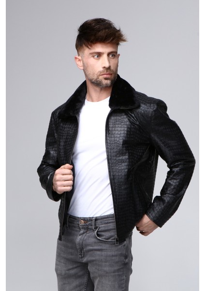 Erkek Hakiki Deri Krokodil Baskılı Mont