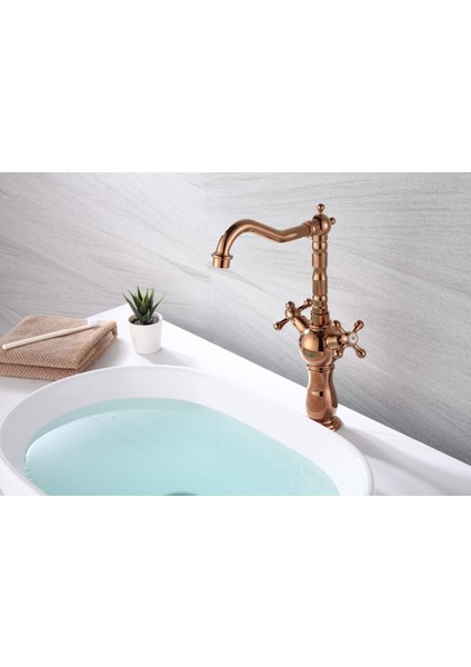 Pirinç Rustik Rose Gold Çanak Lavabo Bataryası
