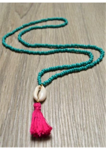 Handmmade Deniz Kabuk ve Pembe Püskül Turkuaz Kum Boncuk Uzun Kadın Kolye Etnik Otantik Bohem
