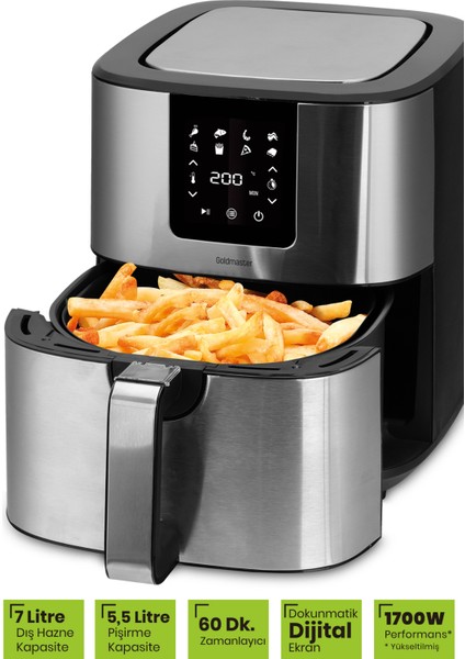 Brenda 7 Litre Inox Geniş Hazneli Xxl Dokunmatik 8 Ön Ayarlı Airfryer Sıcak Hava Fritözü