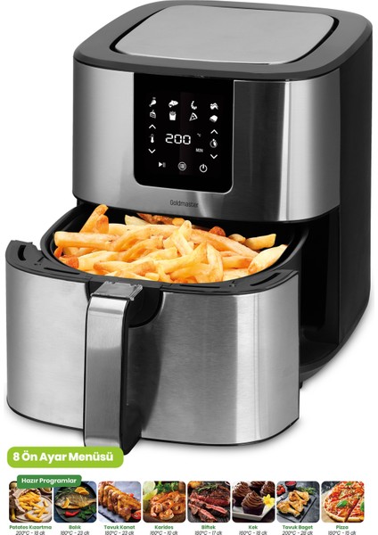 Brenda 7 Litre Inox Geniş Hazneli Xxl Dokunmatik 8 Ön Ayarlı Airfryer Sıcak Hava Fritözü