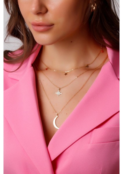 Altın Renk Kutup Yıldızı ve Hilal Figürlü Çok Katmanlı Kombin Kolye - 446 modelleri