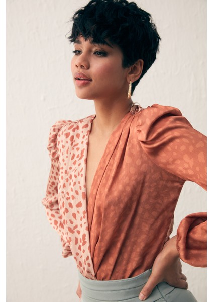 Kruvaze Desenli Bodysuit - Kahve-Bej fiyatları