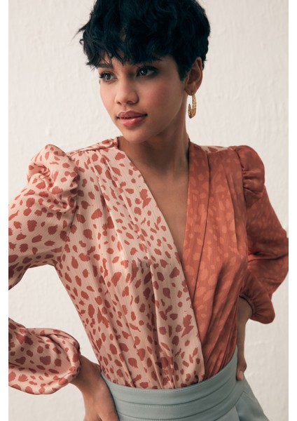 Kruvaze Desenli Bodysuit - Kahve-Bej indirimleri