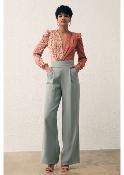 Kruvaze Desenli Bodysuit - Kahve-Bej