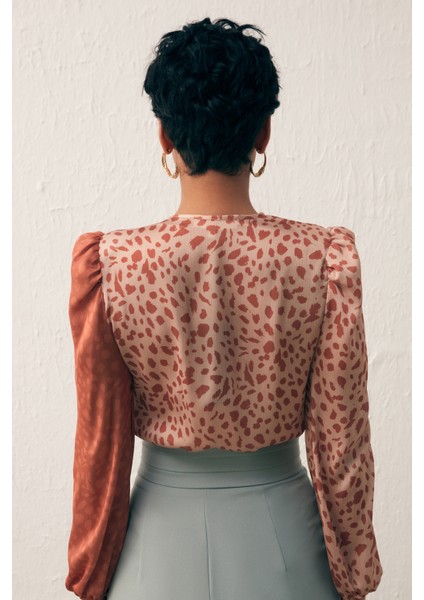 Kruvaze Desenli Bodysuit - Kahve-Bej