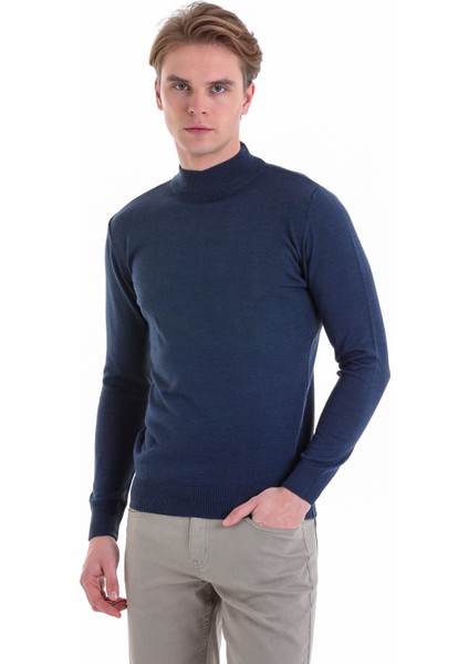 Indigo Regular Fit Düz Yarım Balıkçı Yaka Yün Triko Kazak