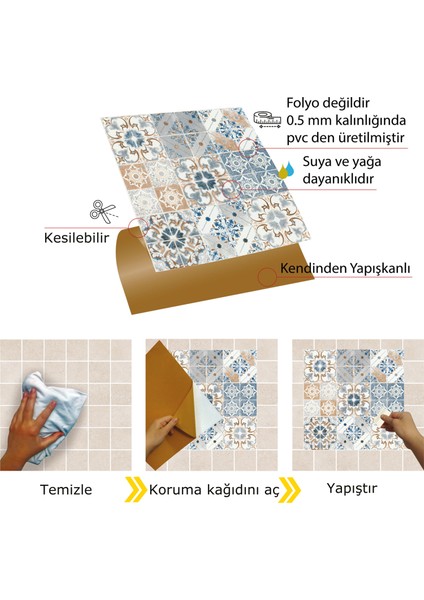 Kendinden Yapışkanlı Mavi Fas 4 Desenli Pvc Karo 30X30 cm (56 Adet) 5m2