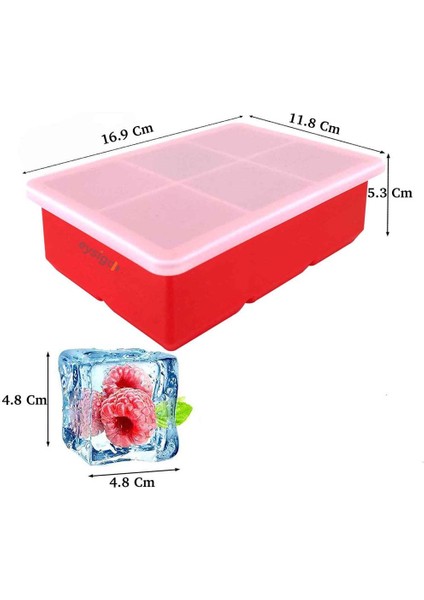 Silikon Büyük 6'lı Küp Kapaklı Buz Kalıbı, Kırmızı