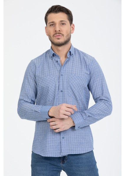 Erkek King Mavi Çift Cepli Klasik Kesim Kareli Uzun Kol Gömlek