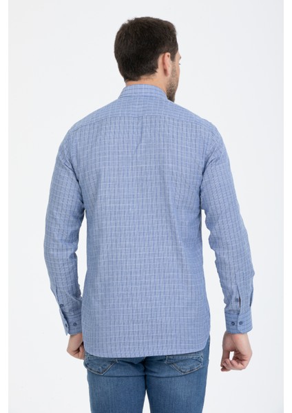 Erkek King Mavi Çift Cepli Klasik Kesim Kareli Uzun Kol Gömlek fiyatları