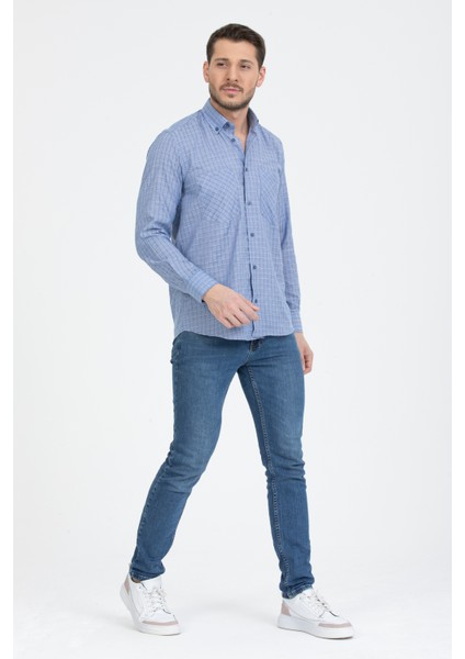 Erkek King Mavi Çift Cepli Klasik Kesim Kareli Uzun Kol Gömlek modelleri