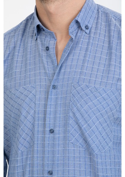 Erkek King Mavi Çift Cepli Klasik Kesim Kareli Uzun Kol Gömlek fırsatları