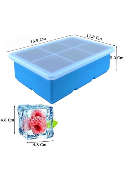 Silikon Büyük 6'lı Küp Kapaklı Buz Kalıbı, Mavi