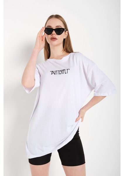 Kadın Butterfly Ön Arka Baskılı Oversize T-Shirt modelleri