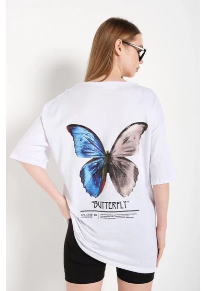 Kadın Butterfly Ön Arka Baskılı Oversize T-Shirt