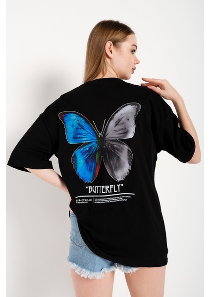 Kadın Butterfly Ön Arka Baskılı Oversize T-Shirt