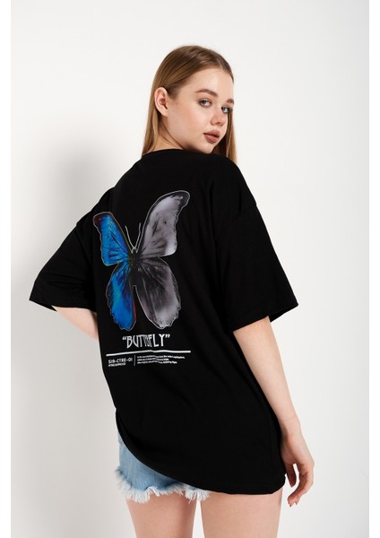 Kadın Butterfly Ön Arka Baskılı Oversize T-Shirt